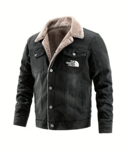 Alternative view of 2024 THE NORTH FACE-Contrast Lapel Fleece Lined Denim Jacket - Thick Warm Outerwear, Long Sleeve Casual Winter Top