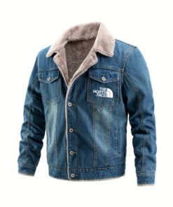 2024 THE NORTH FACE-Contrast Lapel Fleece Lined Denim Jacket - Thick Warm Outerwear, Long Sleeve Casual Winter Top