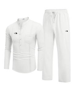 The North Face Men's 2 Piece Cotton Linen Suit Casual Long Sleeve Henley Yoga Pants Suit Beach Cuban Outfit