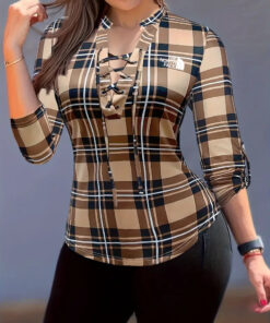 Alternative view of 2024 THE NORTH FACE-Drawstring Print Plaid Blouse Casual Long Sleeve V Neck Blouse Women's Clothing